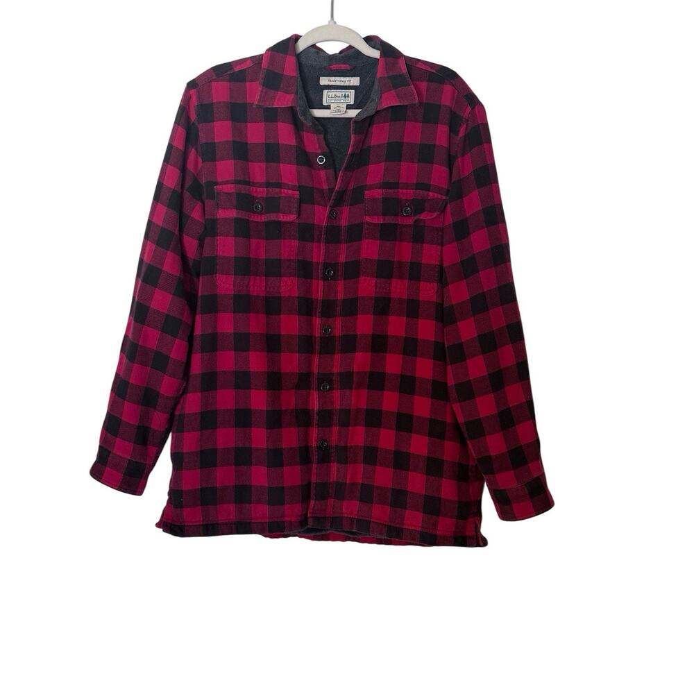 L.L. Bean Shirt Jacket Mens Lg Red Black Plaid Flannel Fleece Lined Shacket M